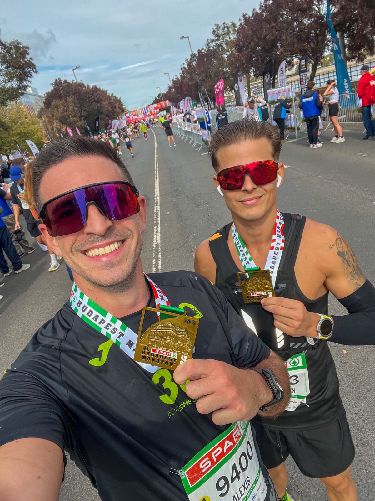 Alexis with Adrián after his 3:21:10 debut, SPAR Budapest Marathon 2026
