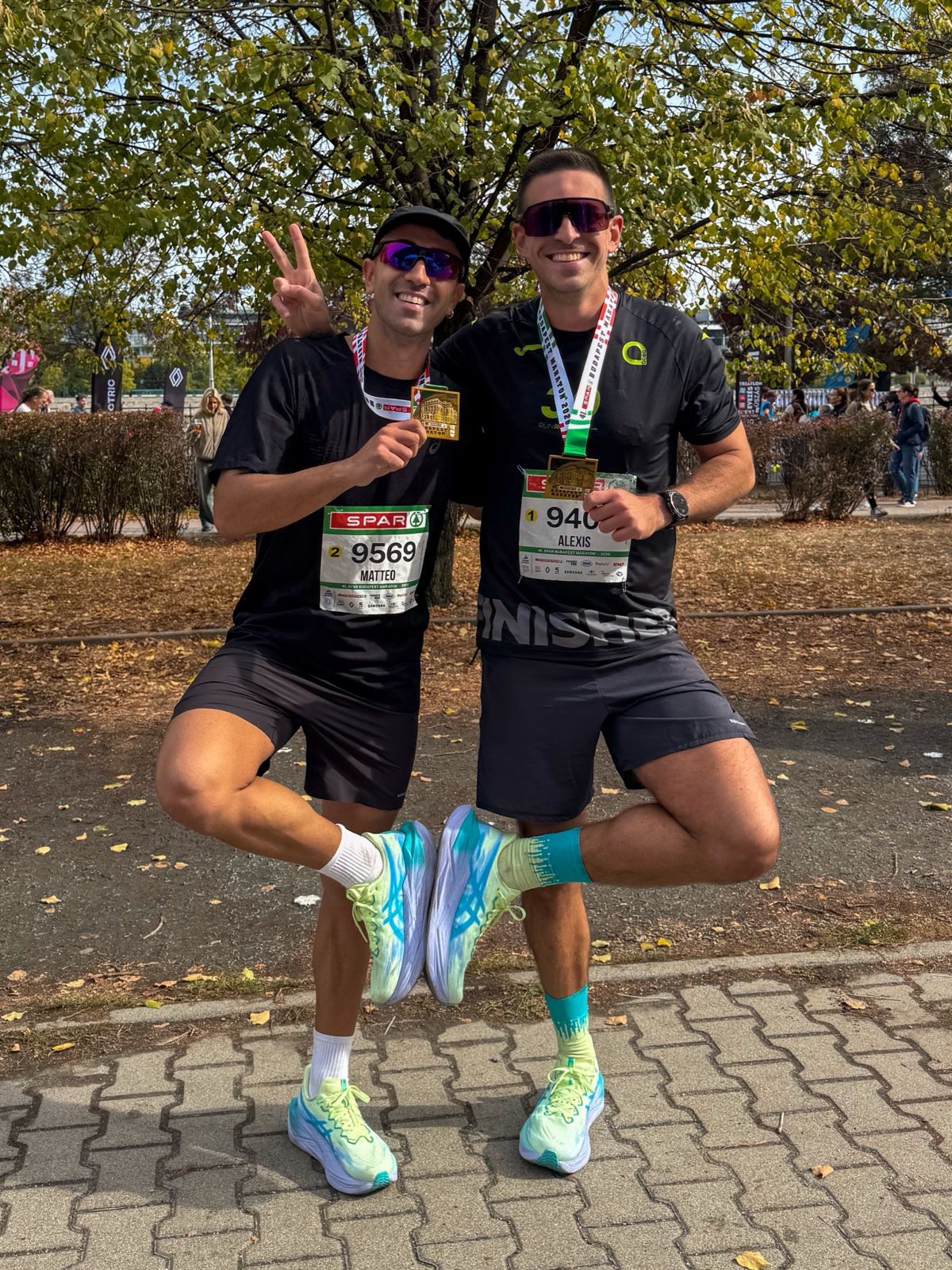 Alexis with Matteo at SPAR Budapest Marathon 2026, after his 3:44:09 debut in Rome